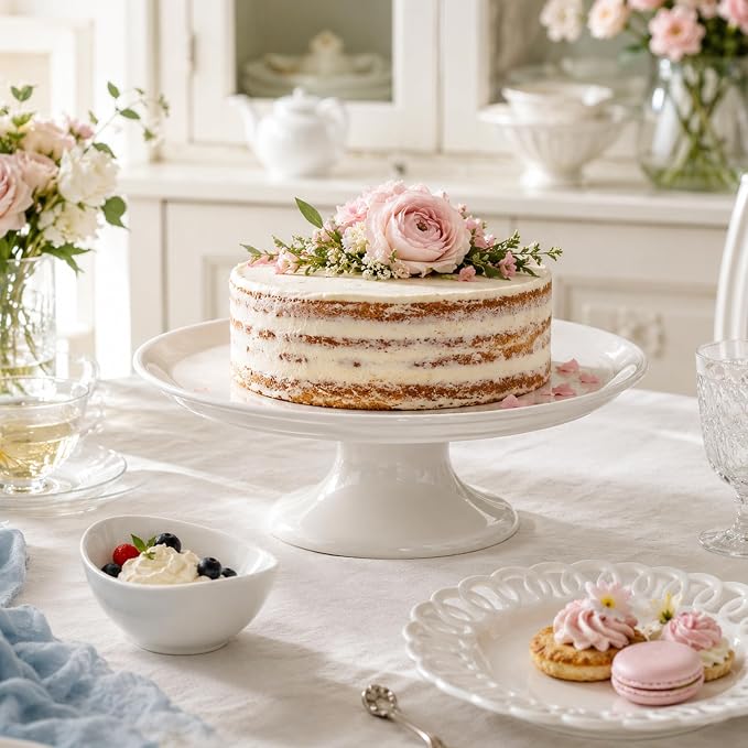 Bone China Cake Stand Chic, 12 inch Ceramic Round Cake Stand for Cupcake, Cake Plate Pedestal for Dessert Table, Food Display Risers Serving Tray Fruit Platter for Decor, Wedding, Restaurant, Party