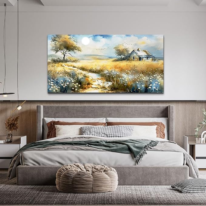 KELIYUAN Wildflower Field Landscape Painting Modern Canvas Print Wall Art Rural Field Mural Artwork Living Room Dining Room Wall Decoation For Bedroom Office Farmhouse Home Decoration 24x48 Inches