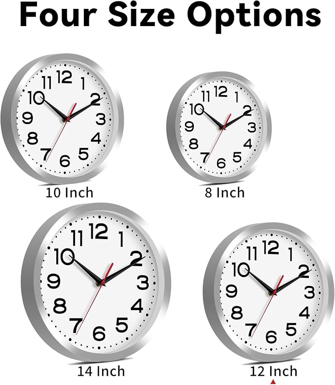 Roymnie 12 Inch Wall Clock, Battery Operated Silent Non Ticking Silver | analog wall clock; bold numerals for easy reading; silent non-ticking; 1 AA battery (not included); for classroom