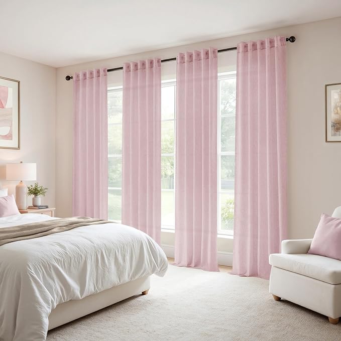 MIULEE Pink Back Tab Linen Curtains 4 Panels 42W x 108L | Linen material, light filtering, rod pocket back tab hanging, farmhouse decor for living room bedroom