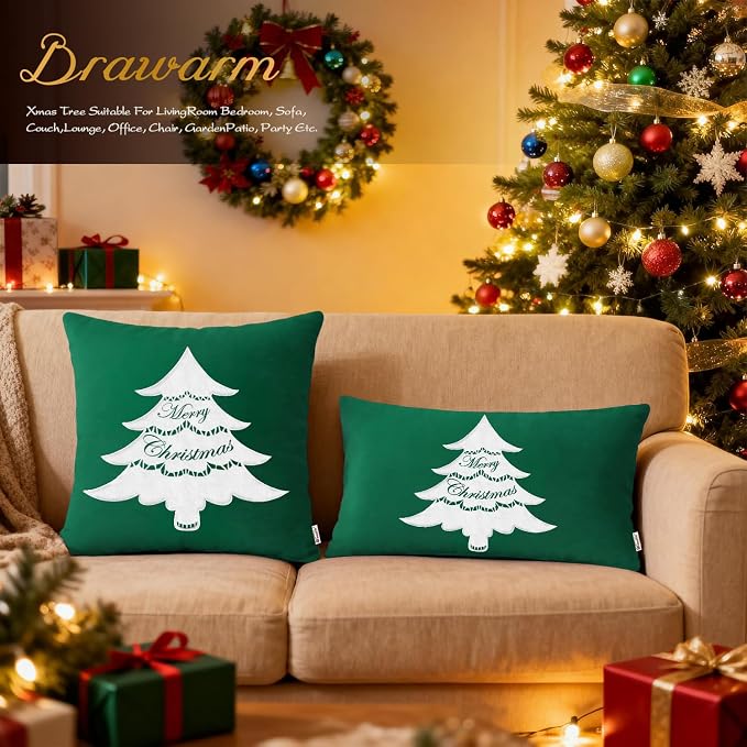 BRAWARM Christmas Pillow Cover 12 X 20 Inches, Christmas Green Christmas Tree Embroidered Lumbar Pillow Cover, Soft Velvet Decorative Throw Pillow for Couch Bed Sofa Living Room Home