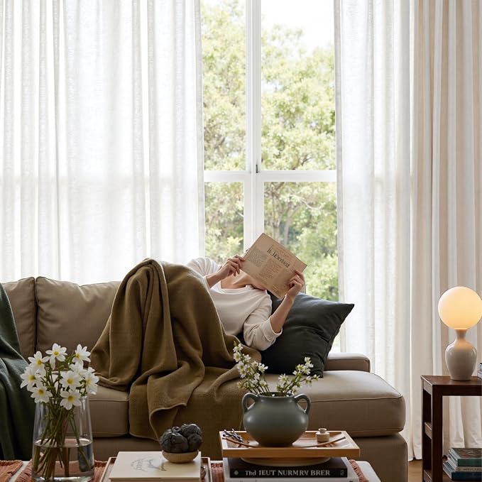 jinchan Linen Curtains Light Filtering Back Tab 84x84 Inch 1 Panel White | Semi Sheer Curtains 84 inch length for Bedroom Living Room, Modern Farmhouse Drapes with Rod Pocket, Natural Boho Curtains