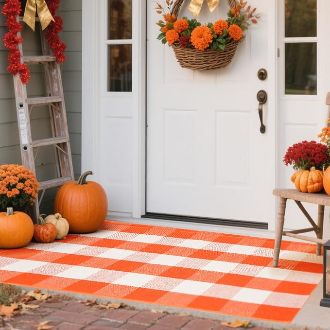 Fall Buffalo Plaid Rug 3x5 Ft, Orange White Indoor Outdoor Rug | Cotton Blend, Orange White Checkered, Machine Washable, Layering Rug, Porch Entryway Decor