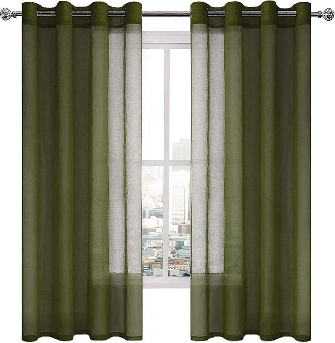 DWCN Olive Green Sheer Curtains for Living Room Bedroom Faux Linen Look Voile Drapes Grommet Top Window Curtain Panel 52 x 63 Inch Length, Set of 2 Panels