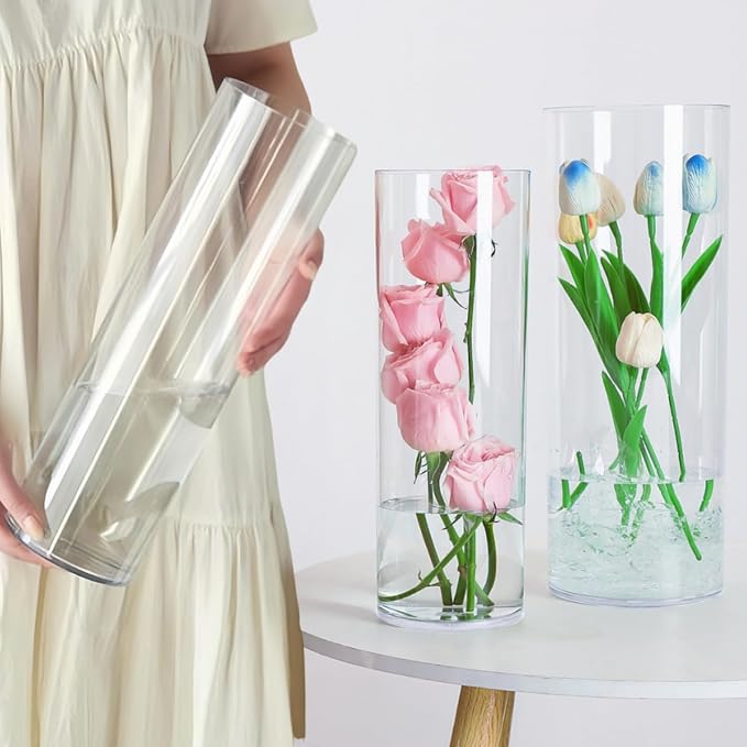 3 Large Clear Acrylic Plastic Cylinder Flower Vase | For Centerpieces