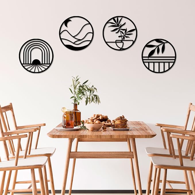 FANTAART 4 Piece Boho Metal Wall Art Black Minimalist Decor | Bohemian Neutral Round Circle Wall Decor Set, Home Decorations for Living Room, Bedroom, Office, Bathroom and Farmhouse