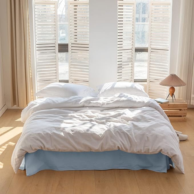 BISELINA French Linen Bed Skirt with Pleated Corner 14-Inch Tailored Drop Natural Flax Cotton Blend Basic Dust Ruffle Soft Cozy Farmhouse Bedding (14" Queen, Basic Dusty Blue)