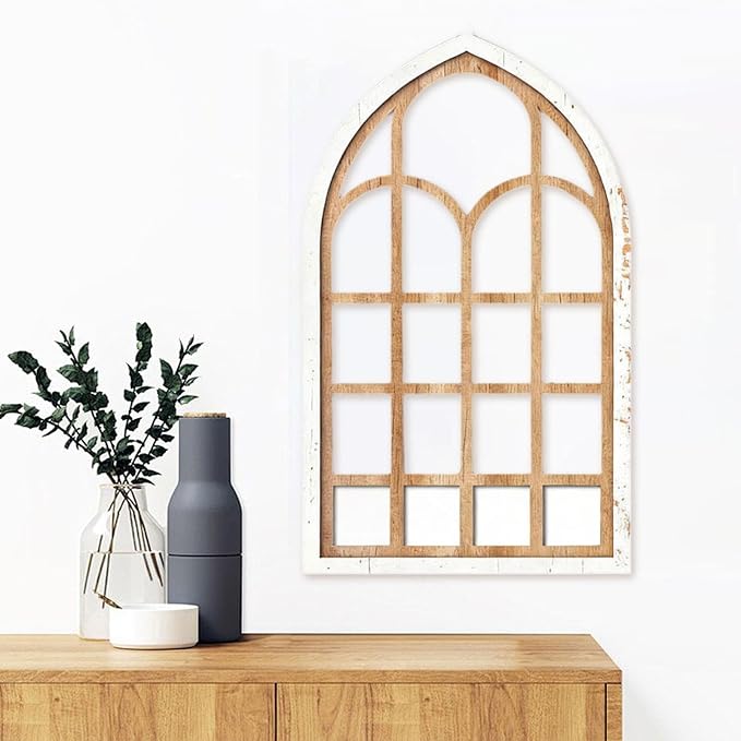 Fenteer Arched Window Mirror Wall Decor Acrylic Modern Wall Decorative Window Pane Mirror for Living Room Bathroom Home Decor, Brown