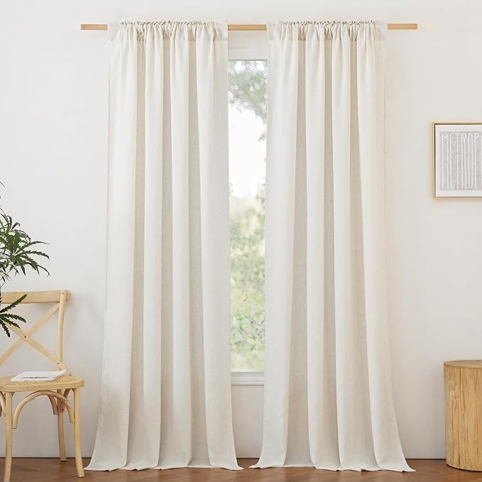 NICETOWN Natural Linen Bedroom Curtains 102 inches Long, Rod Pocket & Back Tab Thick Flax Window Treatments Privacy Assured with Light Filtering for Living Room, W55 x L102, 2 Panels