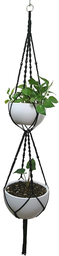 Macrame Plant Hanger & Holder, Hanging Planter 4 Legs Double Deck for 8 inch to 10 inch Two Pots Indoor Outdoor Hanging Planter Cotton Rope 67 Inch with Metal Ring (Cotton-Black)