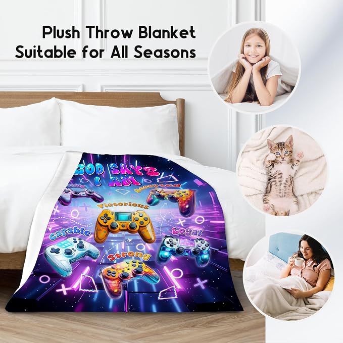 God Says I Am Blanket for Kids & Teens, Soft Plush Gamer Throw for Sofa & Bed, 50"x60"