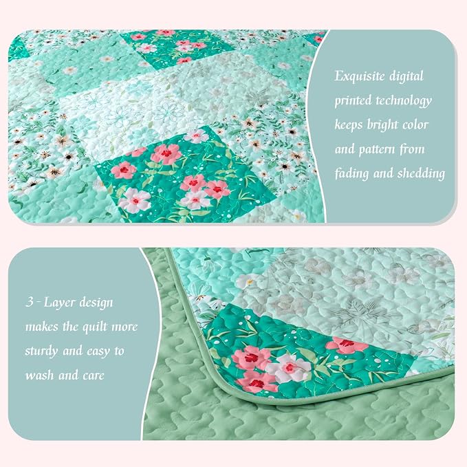 Whale Flotilla Patchwork Quilt King Size, Extra Soft Floral Bedspreads | Green Reversible Lightweight King Quilt Bedding Set for Bed, Printed Coverlets with 2 Pillow Shams for All Seasons