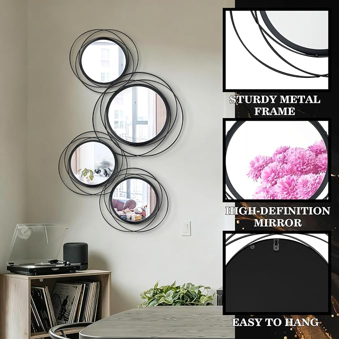 4 Set Circle Mirrors for Wall Decor Living Room Bedroom Entryway | Metal Round Mirror Decorative Hanging Mirrors Sun Bohemian Geometric Accent Sculpture Black 11 In/9.2 in