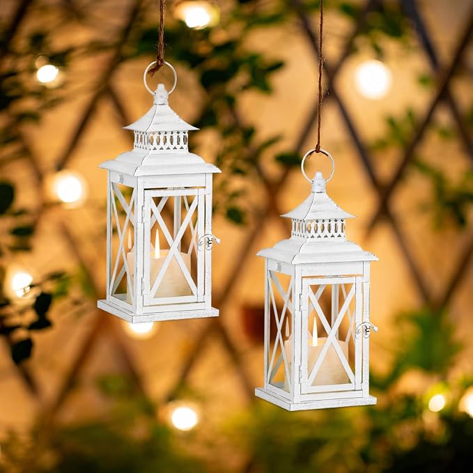 Lantern Decorative Indoor & Outdoor, 2 PCS 14.8''H Large Square Hanging Spring Home Decor, Vintage Metal Decorative Candle Lanterns for Outdoor Patio Wedding Party (White with Black Brush)