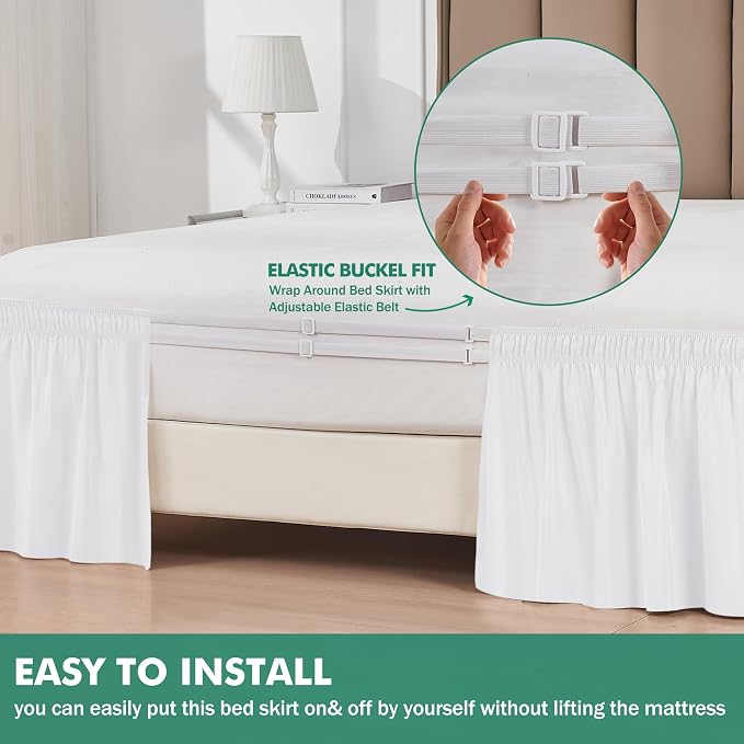 Wrap Around King Bed Skirt Split Corner 25" Drop-Elastic Long Dust Ruffle | White Adjustable Pleated Bedskirt-Easy Fit Wrinkle Resistant Washable Fabric Bed Skirting-Master Guest Bedroom Couples Hotels