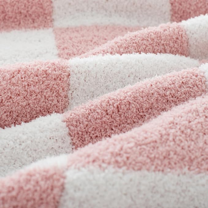 Carriediosa Checkered Throw Blanket 50x60, 400GSM Ultra Soft Microfiber | Dusty Pink, Fuzzy Fluffy Cozy Plush Knit Knitted Plaid Checker, Lightweight Cute Preppy Fall Blankets & Throws for Couch, Bed