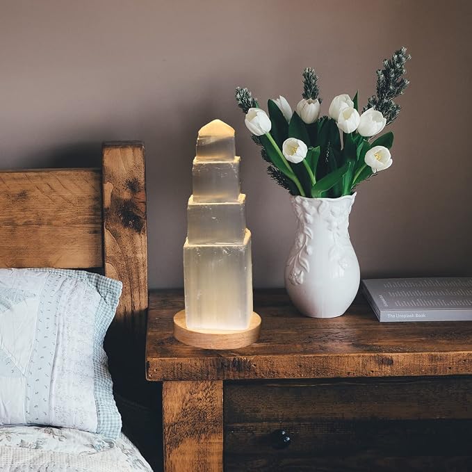 JIC Gem USB Selenite Tower Lamp Natural Selenite Skyscraper Healing Crystal Lamp 6 Inch with Wooden Light Stand Base