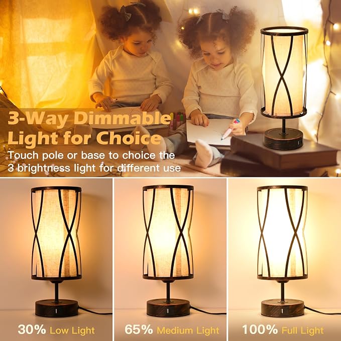 Distressed Table Lamps for Living Room, 3 Way Dimmable Touch Lamps, Small Bedside Lamps with LED Bulbs, USB Ports C+A, Nightstand Lamp for Kids Room, Bedroom, Office (2 Pack Iron)