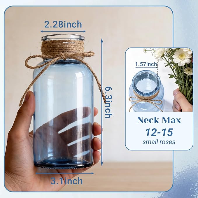 Mason Jar Glass Vases 12 Pack, Blue Flower Vase for Centerpieces | Rustic Farmhouse Home Decor, Bud Vase with Twine, Wedding Table Decoration, Boho Floral Arrangement, Vintage Jars Bulk