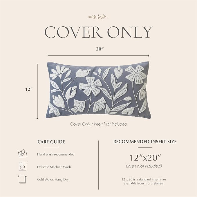 BlissBlush Decorative Lumbar Pillow Cover 12x20, Coastal Dusty Blue Accent Velvet Throw Pillowcase for Couch Sofa Living Room, Floral Tufted Rectangular Cushion, Cover Only