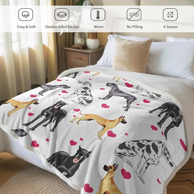 BlessLiving Great Dane Dog Blanket Red Blanket King Heart | Sherpa; BlessLiving Great Dane Dog Blanket Red; Heart; Puppy; Print; Fleece; Throw; Funny; Portrait; Plush; Blankets