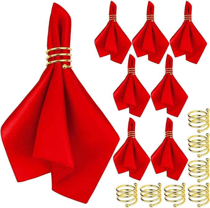 MCEAST Satin Cloth Napkins and Napkin Rings Set of 8, Smooth Fabric Table Napkins and Napkin Holder for Wedding, Birthday Dinner Party, Family Gatherings, Table Decor (Red, 17 x 17 Inches)