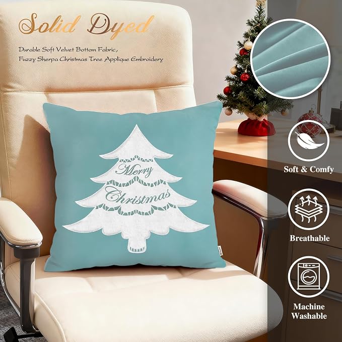 BRAWARM Christmas Pillow Cover 18 X 18 Inches, Teal Christmas Tree Embroidered Pillow Cover, Soft Velvet Decorative Throw Pillow for Couch Bed Sofa Living Room Home
