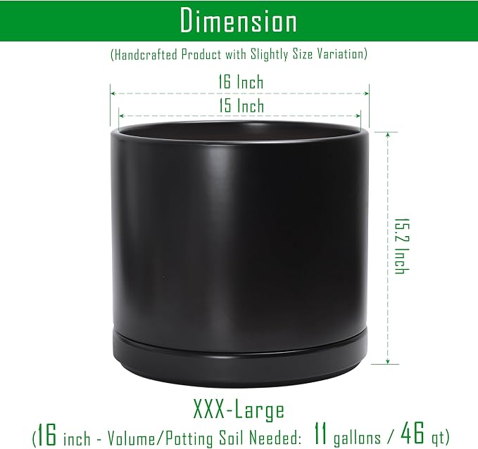 D'vine Dev 16 Inch Ceramic Planter Pot, Black, 94-O-H-2 | Modern Cylinder Design, Drainage Hole & Saucer Included, Stable Structure, Elegant Home Accent