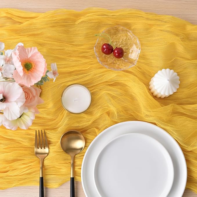 Yellow Cheesecloth Table Runner Cheese Cloth Wedding Birthday Party Decor | 10Ft Summer Rustic Boho Gauze Farmhouse Bridal Baby Shower Holiday Dining Tea Party Home Table Decorations 4 Pack