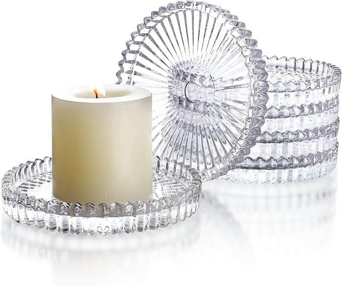 6PCS Pillar Candle Holder Plates, 4'' Glass Candle Dish, Round Candle Stand