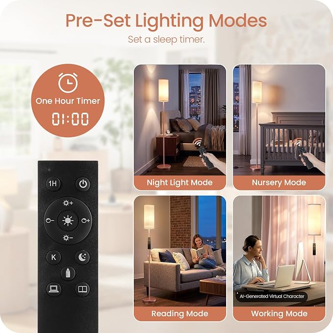 Slim Floor Lamp for Living Room with Magnetic Remote and Foot Switch, Dimmable Mood Lamp for Bedroom Nursery, 3 Color Temperatures, 1-Hour Timer, 900LM LED Bulb & Batteries Included, Pink PCW06LD05W1