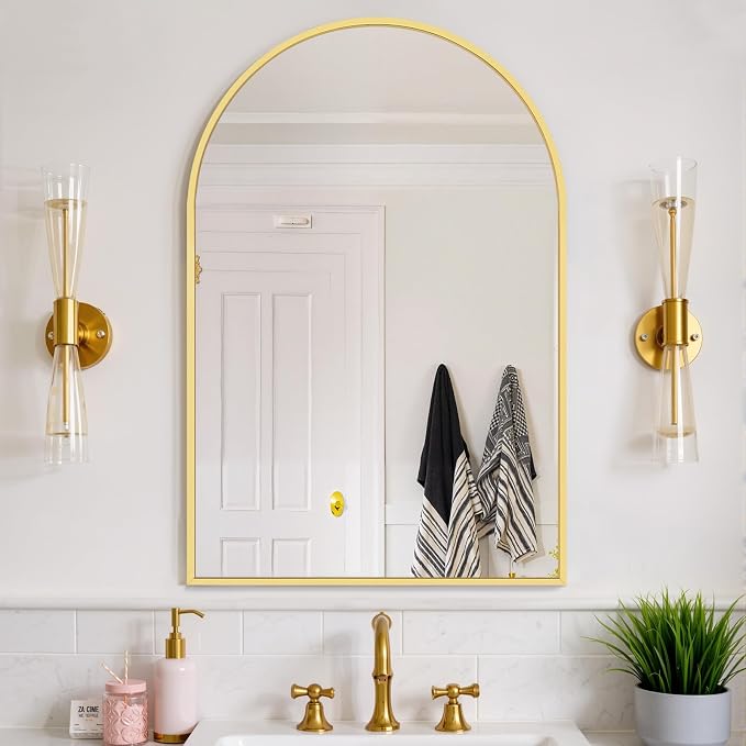 Bathroom Mirror for Wall, 38x26 Inch Arched Mirror, Matte Gold Metal Framed Bathroom Vanity Mirrors for Restroom Farmhouse, Anti-Rust, Tempered Glass, Hanging or Leaning