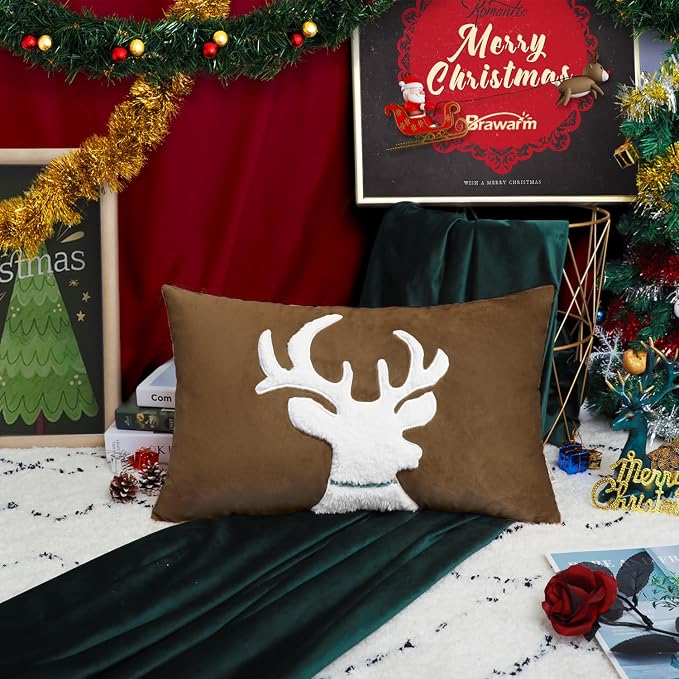 BRAWARM Christmas Pillow Cover 12 X 20 Inches, Brown Reindeer Embroidered Lumbar Pillow Cover, Soft Velvet Decorative Throw Pillow for Couch Bed Sofa Living Room Home