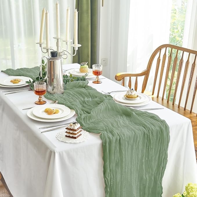 IVAPUPU Sage Green Table Runner 120 Inches for Birthday Party Home Decor | 6 Pcs Boho Gauze 10FT Cheesecloth Table Runners for Wedding Baby Shower Decorations Summer Garden Farmhouse