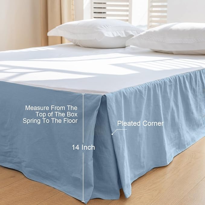 BISELINA French Linen Bed Skirt with Pleated Corner 14-Inch Tailored Drop Natural Flax Cotton Blend Basic Dust Ruffle Soft Cozy Farmhouse Bedding (14" Queen, Basic Dusty Blue)