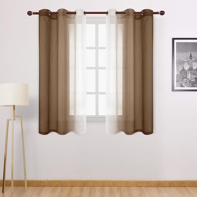 DWCN Ombre Short Sheer Curtains - Faux Linen Semi Voile Gradient Light-Filtering Bedroom and Living Room Curtains, Set of 2 Grommet Top Window Drape Panels, 42 x 54 Inch Length, Warm Brown