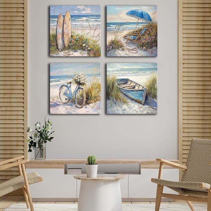 Rustic Coastal Wall Art Beach Picture Vintage Flowers Bicycle Wall Decor for Bathroom Bedroom Nautical Theme Seascape Floral Prints Boat Still Life Poster Artwork Living Room Home Decoration 20x20" 4p