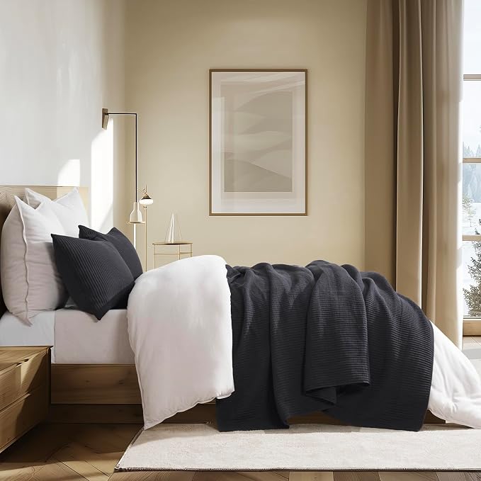 EVERGRACEHOME Cotton Ribbed Matelassé Coverlet Set, King, Washed Black | Soft Lightweight Bedspread, 3 Pieces, Breathable Cozy Oversized Quilted Bedding Set for All Seasons, with 2 Pillow Shams