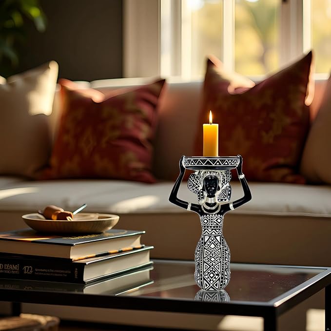 Lescafita African Lady Figurine Candle Holder with African Tribal Totem for Wedding,Church,Holiday Decor-African Decorative Women Statues, Candlestick Holder for Home and Table Decor(753-B)