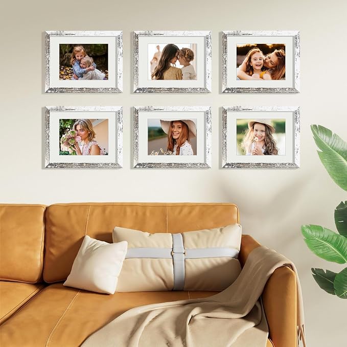 Vittanly 8.5x11 Picture Frames Set of 9, Wall & Tabletop, Distressed White | Certificate Frame Display Pictures 6x8 with Mat or 8.5x11 without Mat, Diploma Document Degree Frames, Engineered Wood