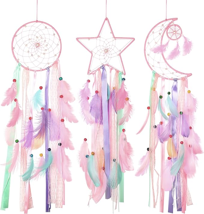 Jetec 3 Pcs Dream Catcher for Girl Star Sun Moon Decor, Pastel Color
