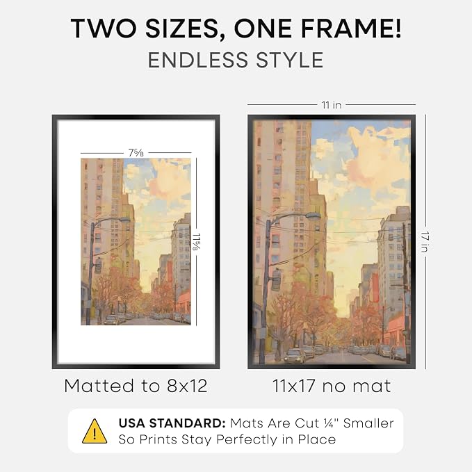Homeforia 11x17 Black Picture Frame, High-End Metal, 8x12 Mat, Glass