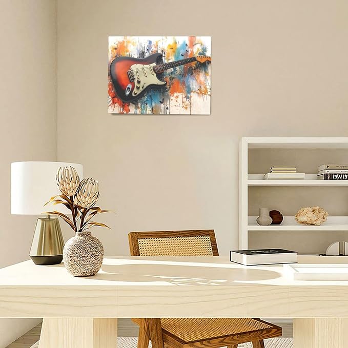 Guitar Wall Art Guitar Wall Decor Music Pictures Graffti Musical Instruments Canvas Prints Painting Artwork Splash Decoration for Music Room Bedroom Living Room Framed Gifts 12"x16"