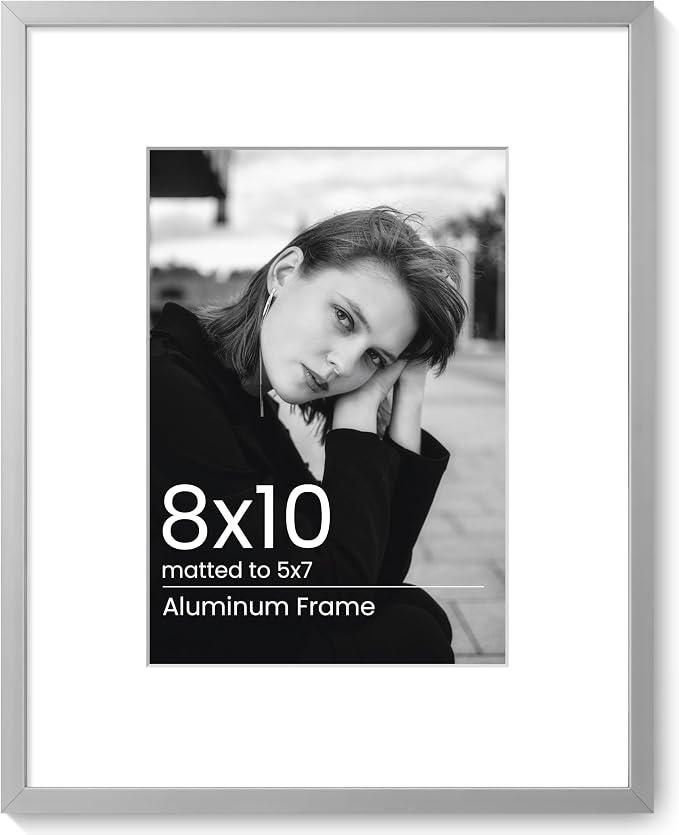 8x10 Photo Frame Silver, Aluminum Metal 8 x 10 Frame with Removable Mat, 8 by 10 Silver Picture Frame Matted to 5x7 Photo, Real Tempered Glass for Home and Office Gallery Wall, 1 Pack