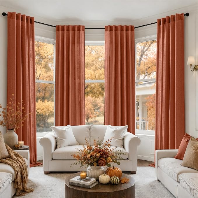 MIULEE Burnt Orange Fall Back Tab Linen Curtains 4 Panels 42W x 102L | Linen material, light filtering, rod pocket back tab hanging, farmhouse decor for living room bedroom