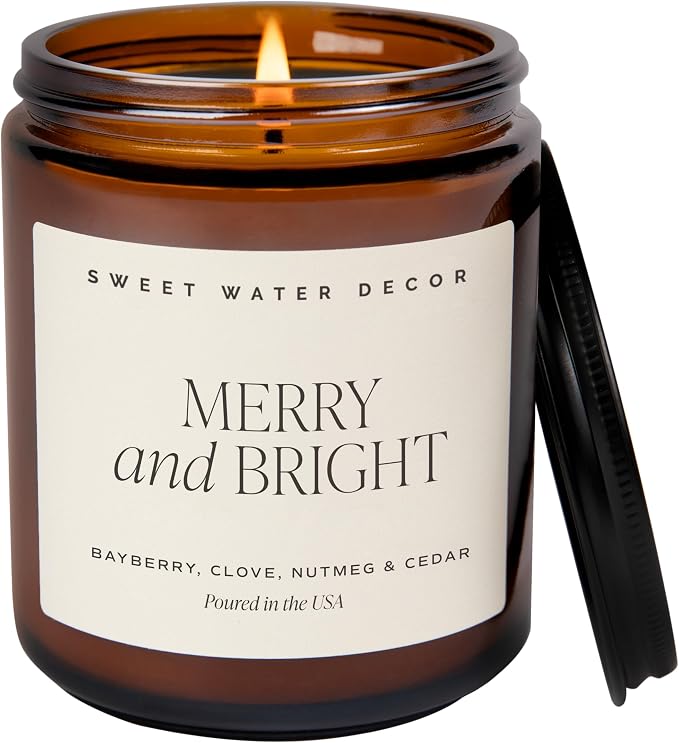 Sweet Water Decor Merry & Bright Christmas Candle, 9oz Amber Jar, Soy Wax | Bayberry, Clove, Nutmeg & Cedar Scented Soy Wax Candle, Non-Toxic Winter Fragrance, 40+ Hour Burn Time, Poured in USA, Gift
