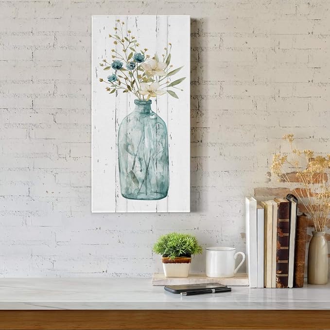 Renditions Gallery Canvas Flowers Wall Art Home Paintings & Prints Elegant Floral Vase Modern Romantic Botanical Bouquet Artwork Decorations for Office Bedroom Kitchen - 8"x16" LT43