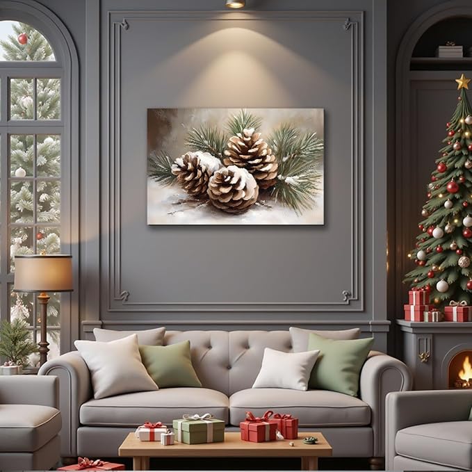 Framed Christmas Wall Decor for Living Room 12x18inch, Vintage Pinecone Still Life Canvas Print, Rustic Winter Snow Scene Pictures Artwork, Farmhouse Season Wall Art for Home Decor