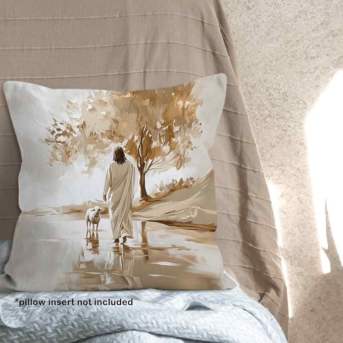 Christian Jesus and the Lost Lamb Throw Pillow Covers 18x18, Vintage Rustic Decor Pillow Cases for Farmhouse Bedroom Living Room, Religious Decorative Square Pillowcases for Couch Bed Sofa
