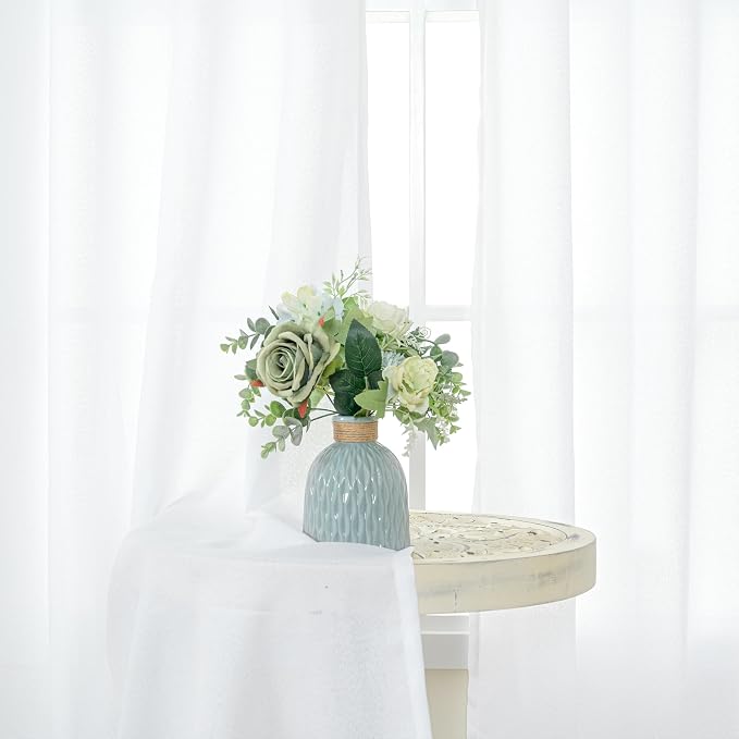 48 Inch Length White Linen Semi Sheer Curtains for Short Window 2 Panels | Light Filtering Drapes with Bronze Grommet for Bathroom Bedroom Living Room Window, 42 X 48 Inch